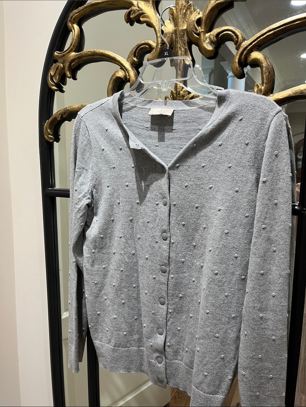 LOFT Gray Dot-Textured Button Cardigan